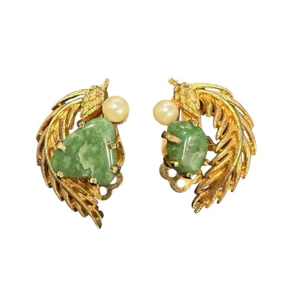 Lisner Clip-On Huggie Earrings Green Jade‎ Chrysoprase Faux Pearl Leaf Floral